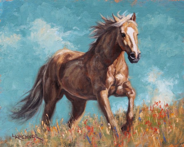 Leslie Kirchner, leslie kirchner art, leslie kirchner artist, wildlife art, wildlife artist, nature art, nature artist,western art, western artist, horse, horse art, horse painting, palomino, palimino art, palomino painting, running palomino