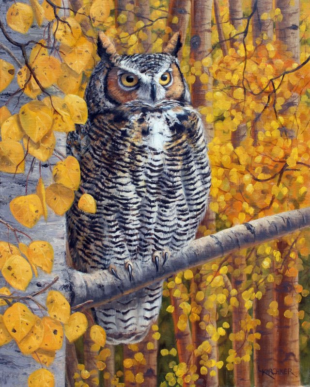 Leslie Kirchner, leslie kirchner art, leslie kirchner artist, wildlife art, wildlife artist, western art, western artist, nature art, nature artist, owl, owl art, owl painting, horned owl, horned owl art, horned owl painting, owl in aspen tree, horned owl in aspen tree, owl in aspen tree painting, owl in aspen tree art