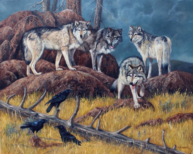 leslie kirchner, leslie kirchner art, leslie kirchner artist, wildlife art, wildlife artist, nature art, nature artist, western art, western artist, wolf, wolves, wolf pack, wolves and ravens, wolf art, wolf painting, wolves painting, wolves art, ravens, 
