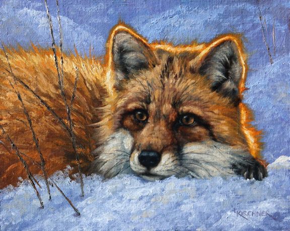 Leslie Kirchner, leslie kirchner artist, leslie kirchner art, wildlife art, wildlife artist, western art, western artist, nature art, nature artist, fox, fox art, vixen, vixen art, fox painting, red fox, red fox art, red fox painting, fox in snow, fox in snow art, red fox in snow painting